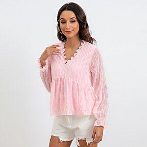 Swiss Dot Flounce Sleeve Peplum Blouse